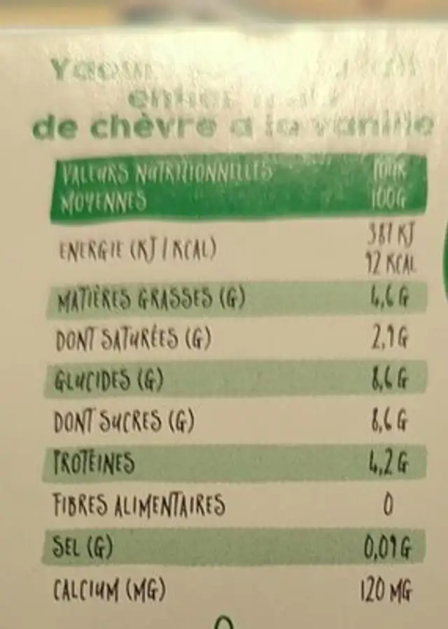 Yo gourmand brebis vanille nutrition facts table