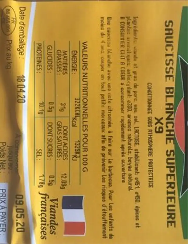 Saucisse blanche superieure nutrition facts table