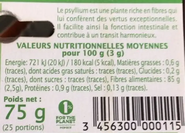 Psyllium blond teguments nutrition facts table