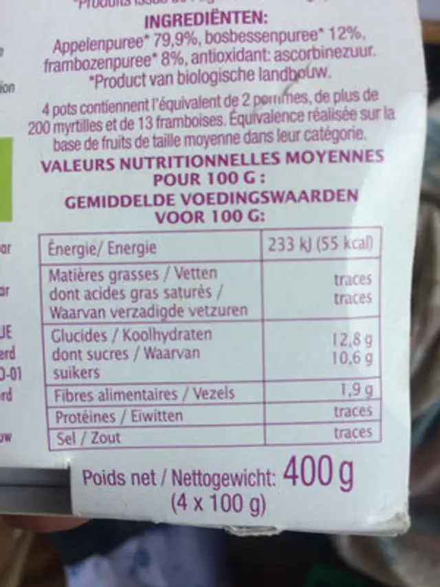 Dessert pomme myrtille framboise nutrition facts table