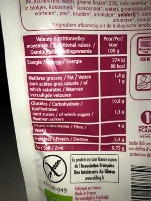 Lentilles cuisinees au curry nutrition facts table