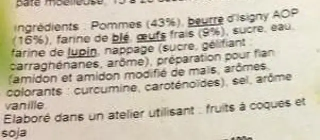 Tarte Normande au beurre d'Isigny AOP ingredients label