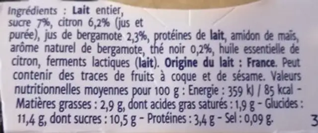 Fleur de yaourt citron, thé noir, bergamote ingredients label