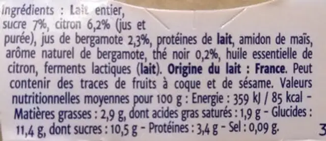 Fleur de yaourt citron, thé noir, bergamote nutrition facts table