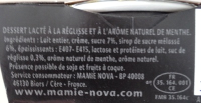 Dessert réglisse / menthe ingredients label