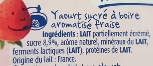 Yaourt à Boire à La Fraise ingredients label