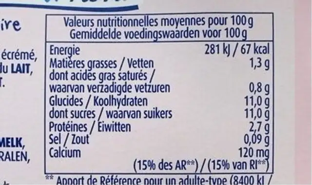 Yaourt à Boire à La Fraise nutrition facts table