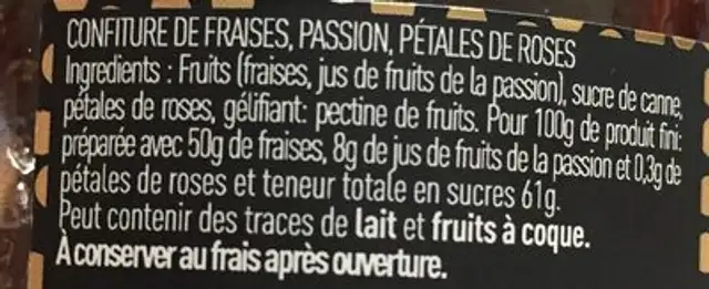 Confiture d'amour ingredients label