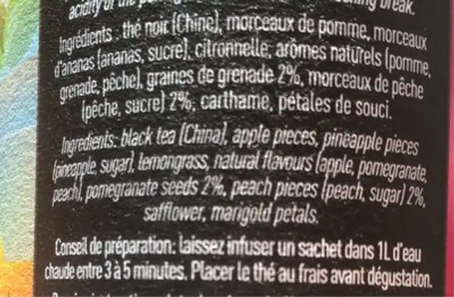 Thé glacé parfumé Pêche-grenade ingredients label