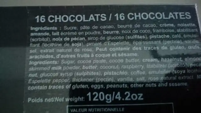 Chocolat ingredients label