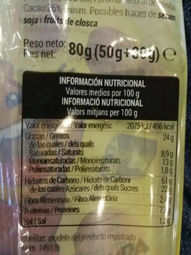 Merienda nutrition facts table