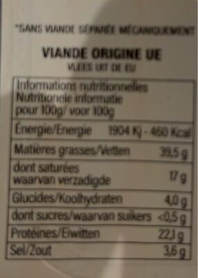 Chorizo de boeuf halal nutrition facts table