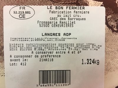 Langres AOP ingredients label