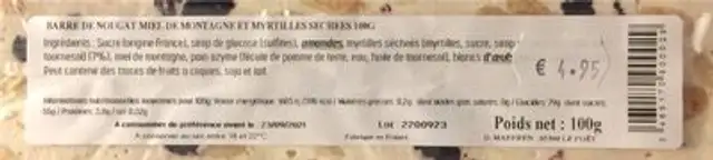 Nougat Miel de Montagne et Myrtilles nutrition facts table