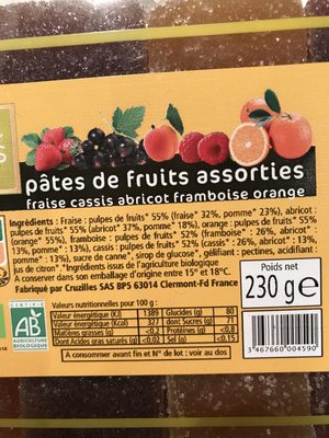 Pates de fruits assortird ingredients label