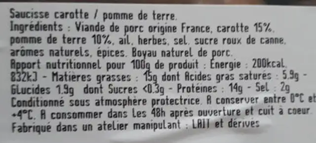 Saucisses rustiques ingredients label