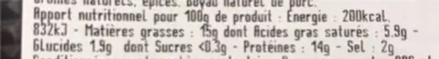 Saucisses rustiques nutrition facts table