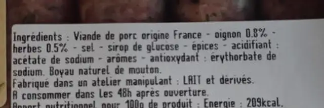 Chipolatas oignons herbes ingredients label