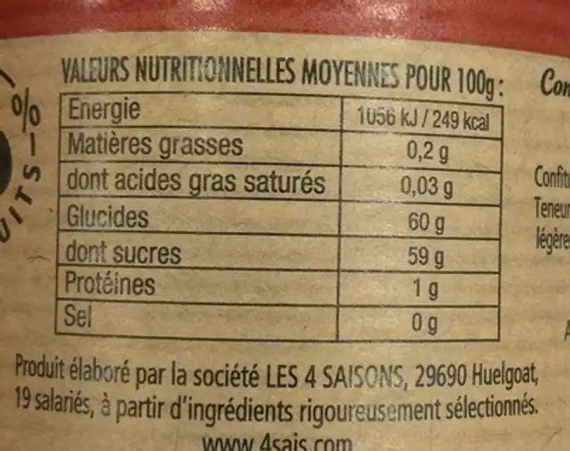 Cerise Griotte nutrition facts table