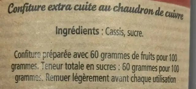Cassis ingredients label