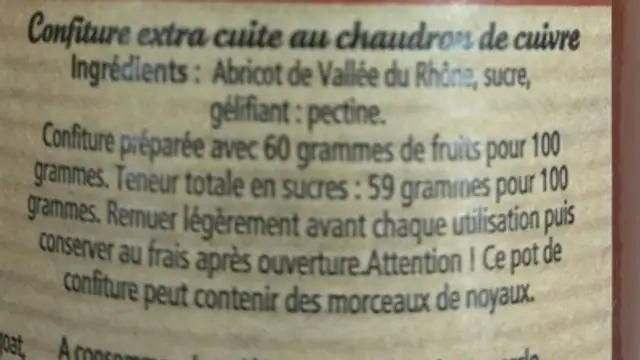 Abricot de la Vallée du Rhône ingredients label