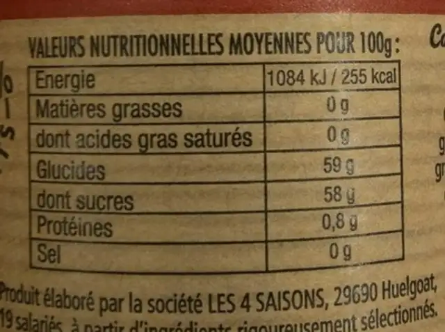 Abricot de la Vallée du Rhône nutrition facts table