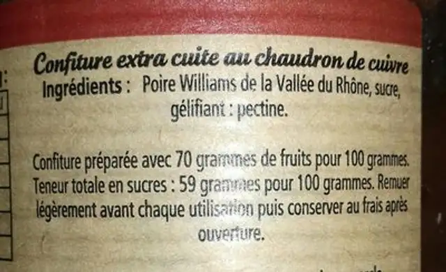 Confiture poire williams de la vallé du Rhône ingredients label