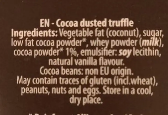 Truffes fantaisie ingredients label