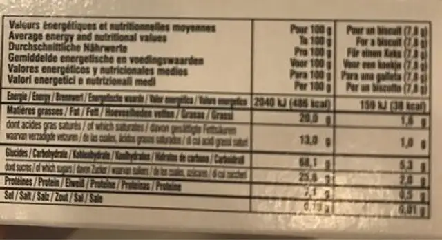 Les Sablés de La Mére Poulard nutrition facts table