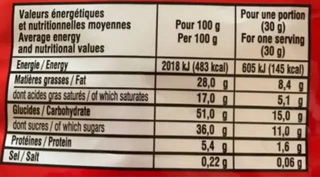 Mes Moelleux au Chocolat nutrition facts table