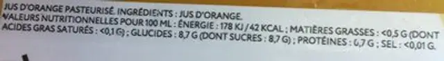 Jus d’orange nutrition facts table