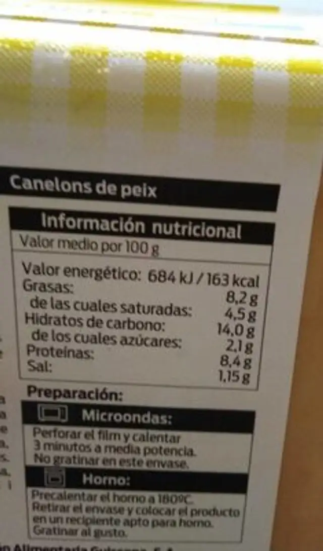 Canelones de pescado nutrition facts table