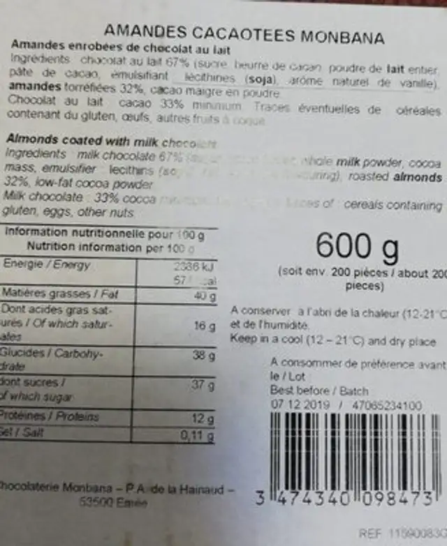 Amandes cacaotees Monbana nutrition facts table