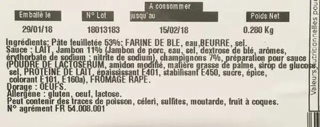 Feuilleté jambon champignon ingredients label
