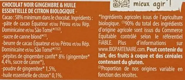 Chocolat Noir Gingembre & Huile Essentielle de Citron Bio ingredients label