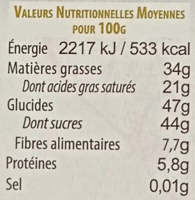 Chocolat Noir Gingembre & Huile Essentielle de Citron Bio nutrition facts table