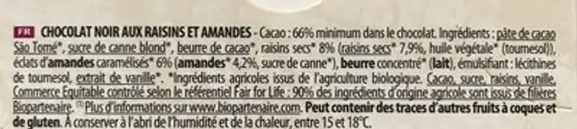 Chocolat Noir aux Raisins et Amandes Bio ingredients label