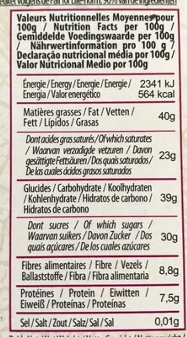 Chocolat Noir aux Raisins et Amandes Bio nutrition facts table