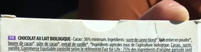 Chocolat au Lait Bio ingredients label