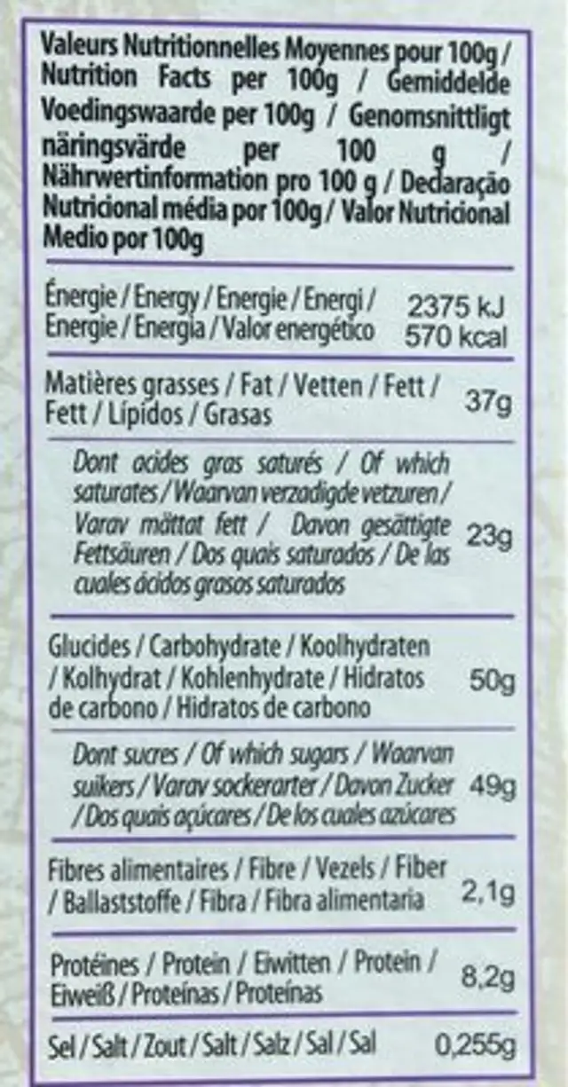Chocolat au Lait Bio nutrition facts table