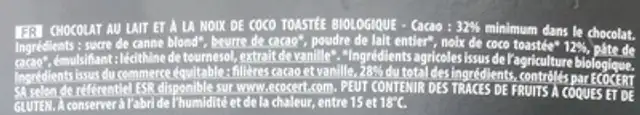 Chocolat au Lait et à la Noix de Coco Bio ingredients label