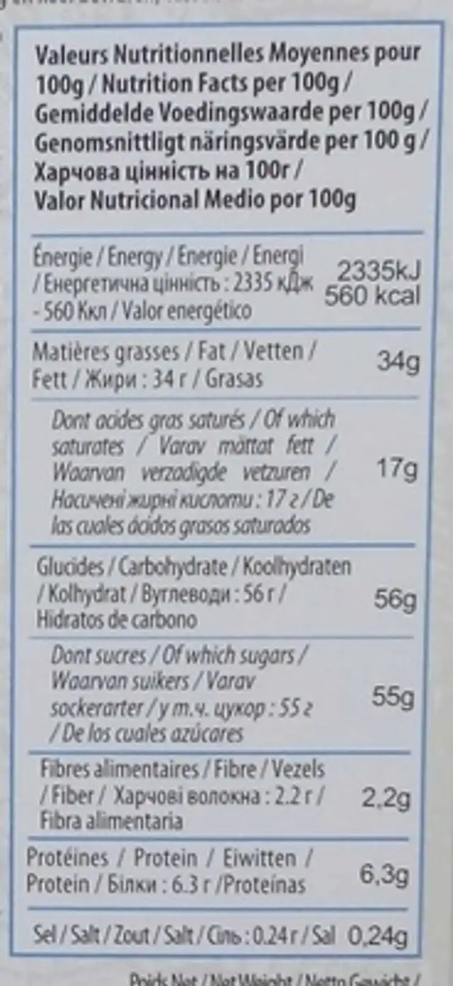 Chocolat au Lait et à la Noix de Coco Bio nutrition facts table