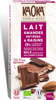 Chocolat au Lait aux Amandes Entières et Raisins Bio