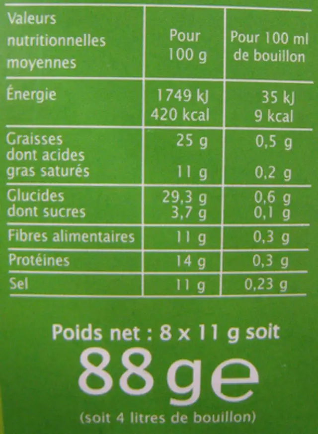 Bouillon cube Légumes sans sel ajouté aromates Jardin Bio nutrition facts table