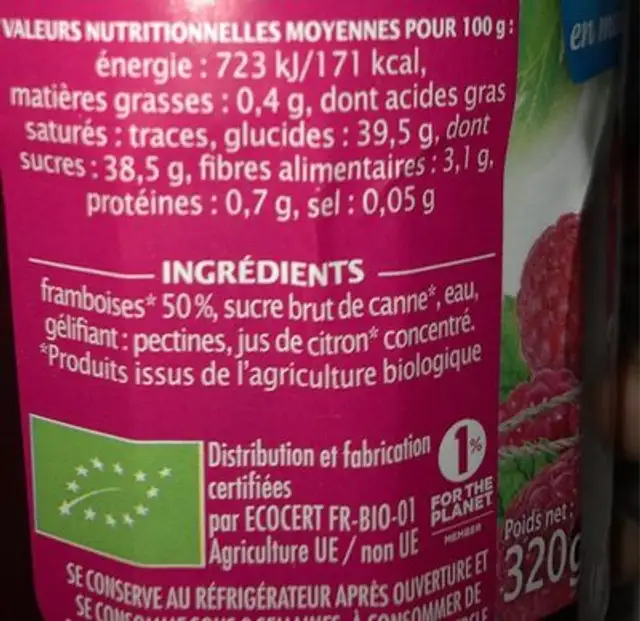 Confiture extra framboise nutrition facts table