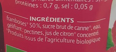 Confiture extra de framboises allégée en sucres bio ingredients label