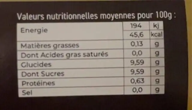 Pur Jus d'Orange nutrition facts table