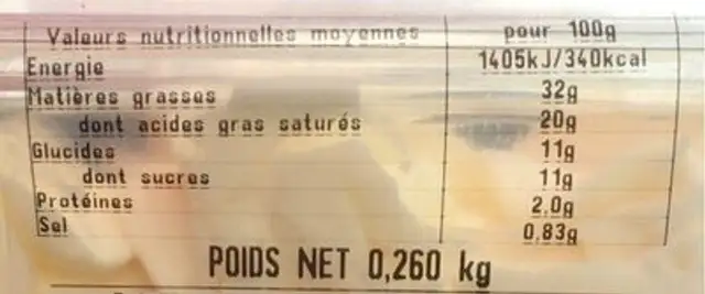 Chantilly nutrition facts table
