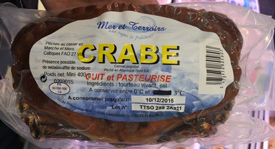 Crabe cuit et pasteurisé front packaging
