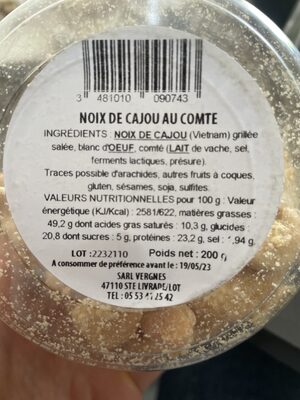 Noix de cajou au comte ingredients label